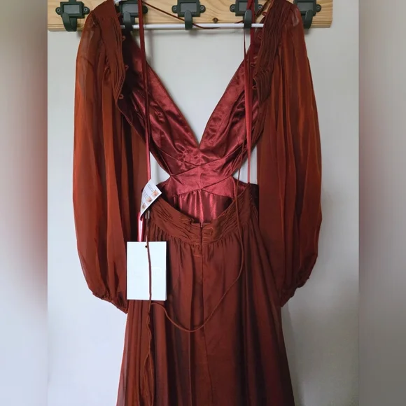 Mac Duggal 67948 Copper Criss Cross Waist Bishop Sleeve Dress Sz. 2 - Picture 7 of 12